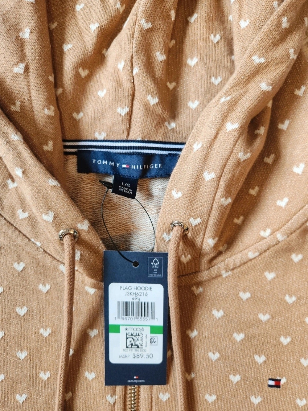 Tommy Hilfiger 100% Cotton Zip-up Tan Hoodie with Tiny White Heart Print - Picture 4 of 16